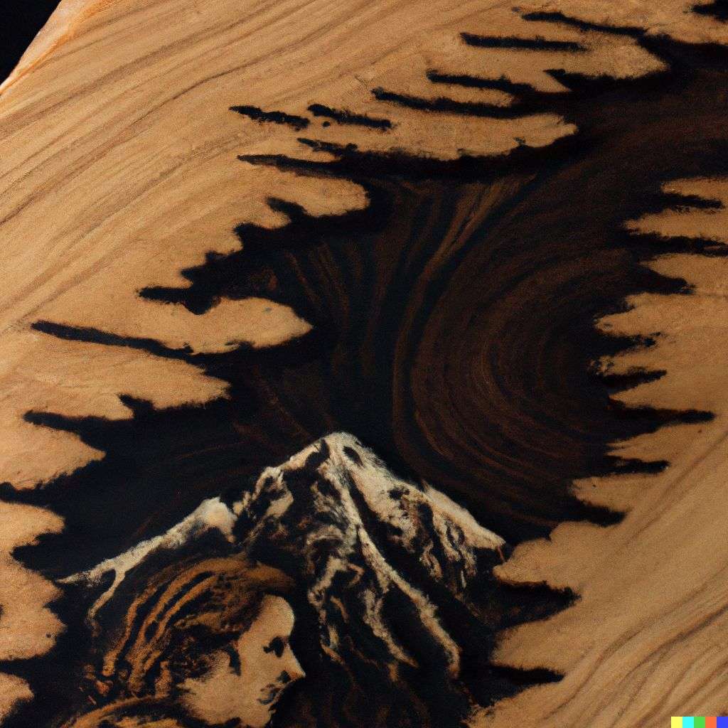 someone gazing at Mount Everest, pyrography on a piece of wood